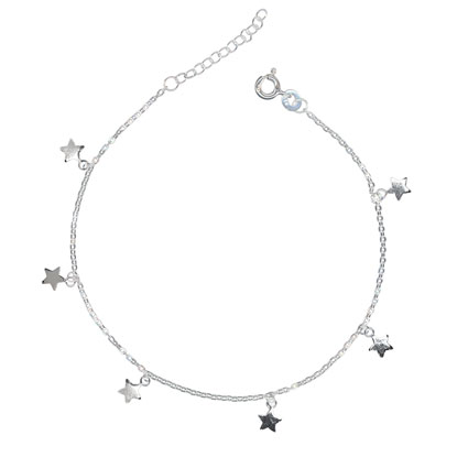 10"(9+1"ext) Flat Cable Anklet Boho Star St Silver
