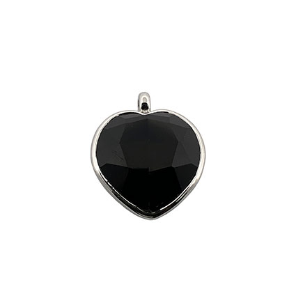 17mm Black Onyx Facet Heart Pendant Rhodium Plated