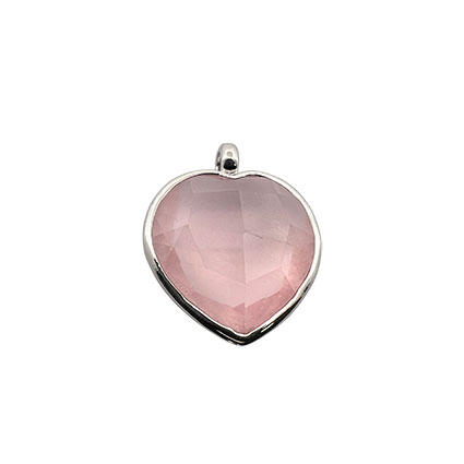 17mm Rose Quartz Facet Heart Pendant Rhodium Plated