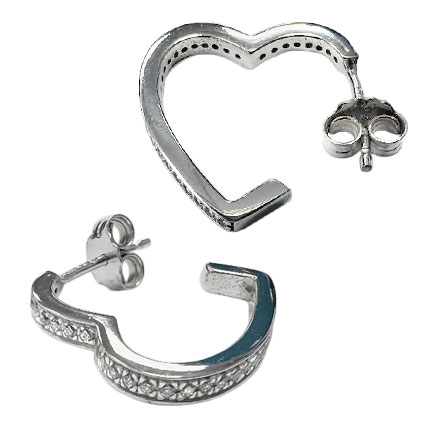 18.5mm CZ Heart Ear studs w/scrolls Sterling Silver
