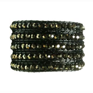 Five Wrap Black Leather Bracelet Glass Facet Black Nickel