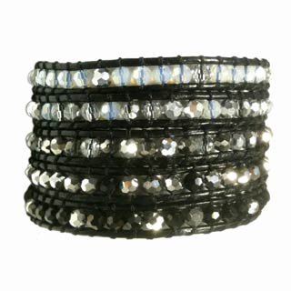 Five Wrap Black Leather Bracelet Glass Facet Crystal Silver