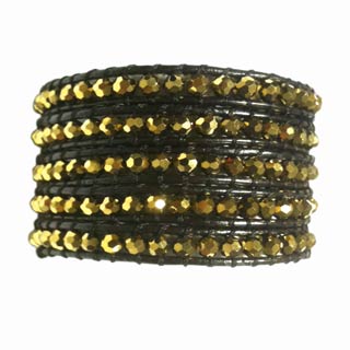 Five Wrap Brown Leather Bracelet Glass Facet Gold