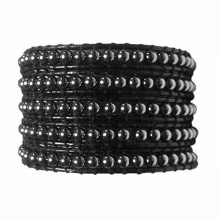 Five Wrap Black Leather Bracelet Hematite