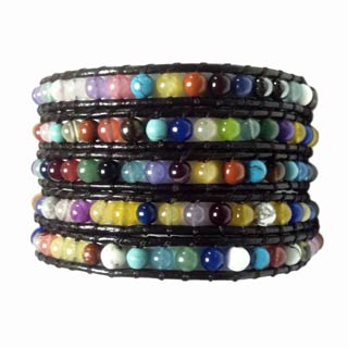 Five Wrap Brown Leather Bracelet Multi Stone