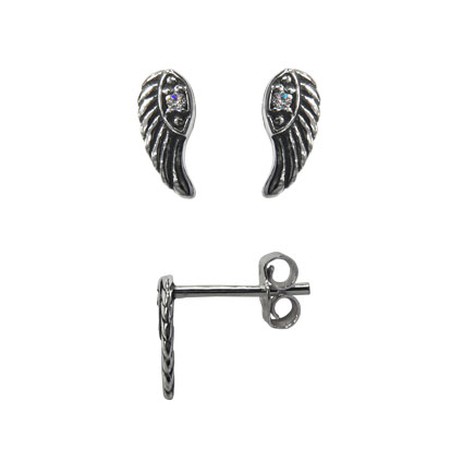 8mm Angel Wing w/cz studs w/scrolls Antq Sterling Silver
