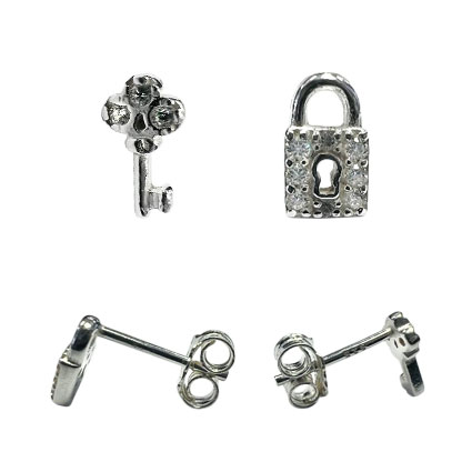 8mm CZ Padlock and Key Ear studs w/scrolls Sterling Silver