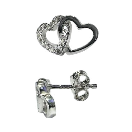 12x7mm CZ Linked Hearts Ear studs w/scrolls Sterling Silver