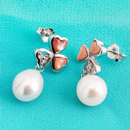 St Silver 8-9mm White FWP w/ CZ & Pink MOP Heart Earrings RP