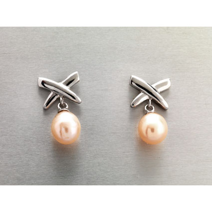 St Silver 7-8mm Peach FWP Cross Drop Earrings RP