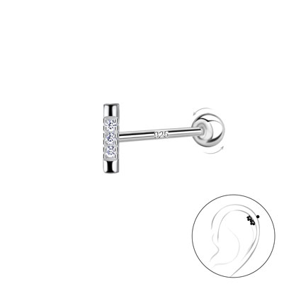 6mm CZ Bar Cartilage Stud w/Ball Screw Sterling Silver