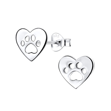 9mm Paw Heart Ear Studs w/scrolls Sterling Silver