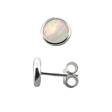 7mm Mother of Pearl Bezel Disc Ear Studs Sterling Silver